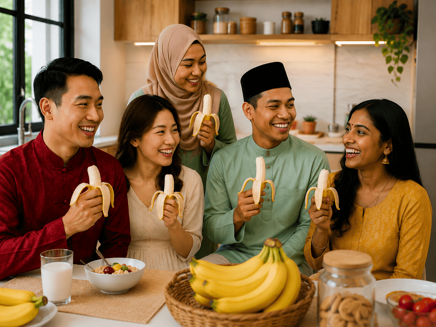 Malaysians enjoying bananas together